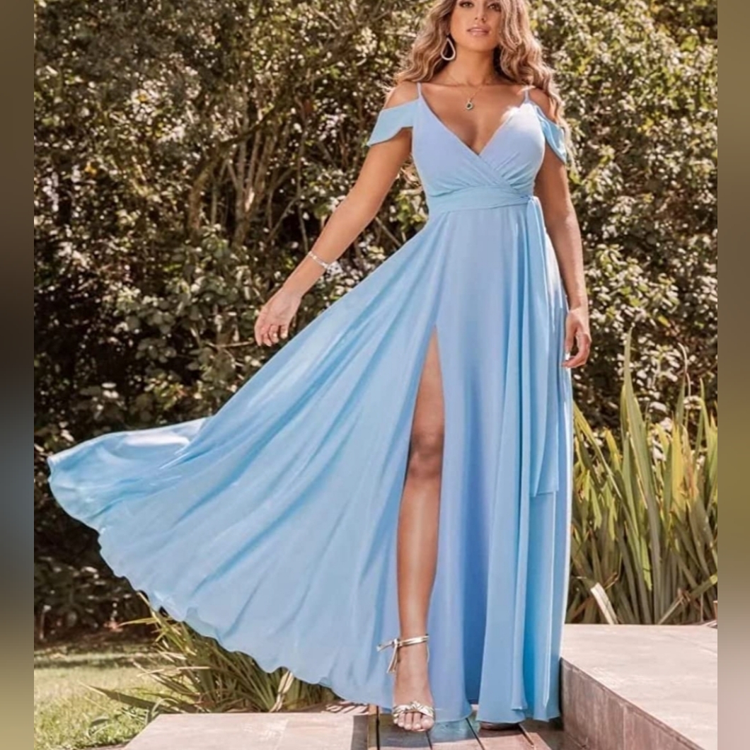 Gorgeous Blue Off-Shoulder Dress Long Chiffon Adjustable Waist